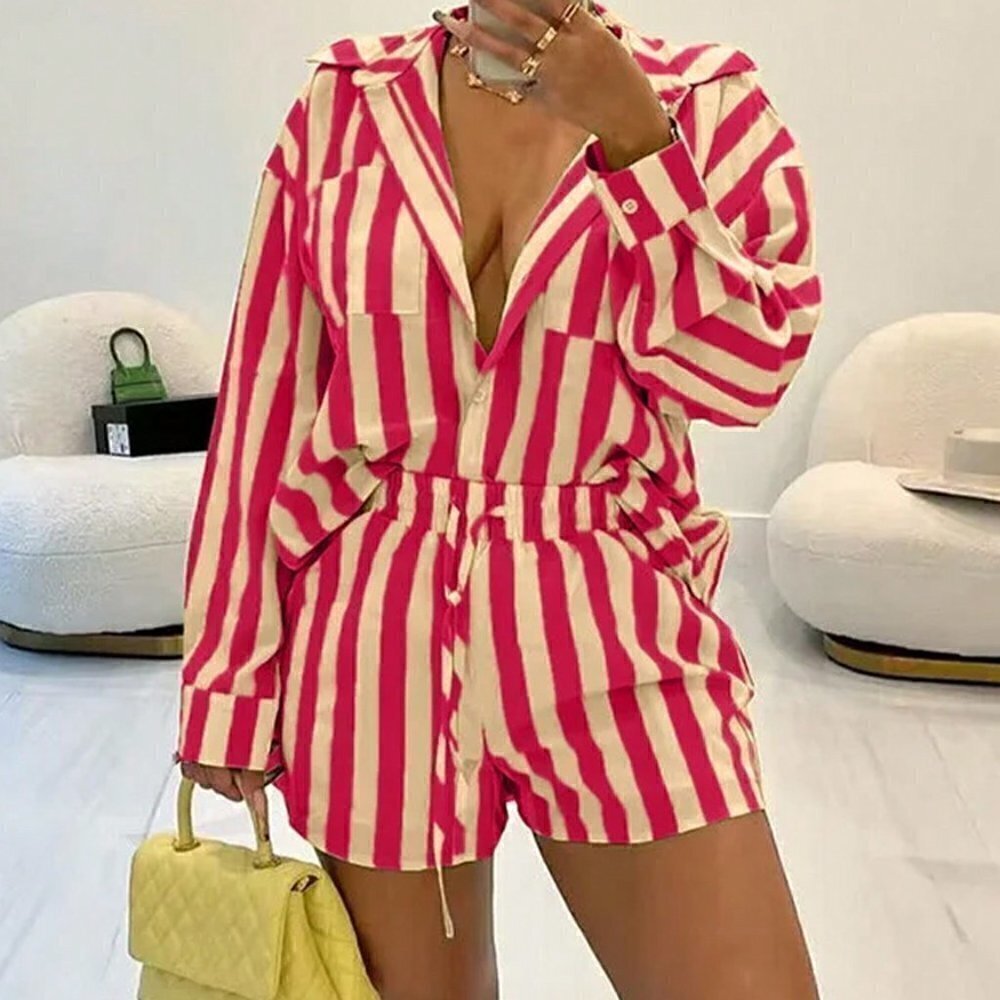 Hot Pink Casual Women's Striped Casual Top & Pants Set